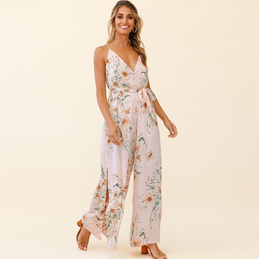 [3Packs] Light Pink Floral Side Slit Jumpsuit